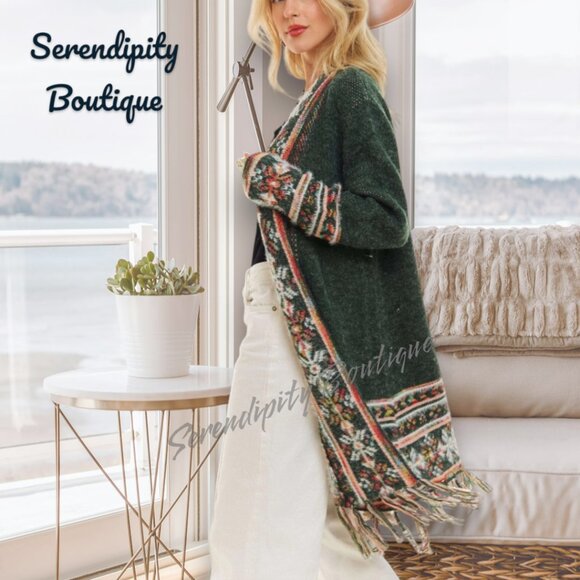 Jade Green Tribal Print Jacquard Knit Fringe Comfy Long Sweater Duster Cardigan - Picture 2 of 9